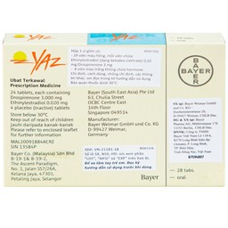 Thuốc Yaz Bayer dùng tránh thai, điều trị mụn trứng cá (1 vỉ x 28 viên)