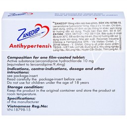 Thuốc Zanedip 10mg Recordati điều trị tăng huyết áp vô căn (2 vỉ x 14 viên)