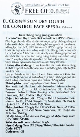 Kem chống nắng Eucerin Sun Dry Touch Oil Control SPF50+ PA+++ kiểm soát nhờn (50ml)