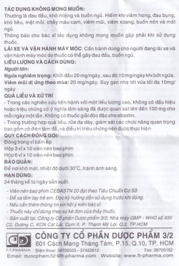 Thuốc Cebastin20 Dược 3-2 điều trị viêm mũi dị ứng, mày đay (3 vỉ x 10 viên) 