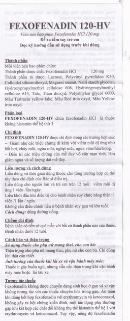 Thuốc Fexofenadin 120-HV USP điều trị viêm mũi dị ứng theo mùa, mày đay mạn tính vô căn (10 vỉ x 10 viên)