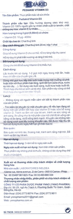 Siro Pediakid Vitamin D3 bổ sung Vitamin D cho cơ thể, tăng hấp thụ canxi (20ml)