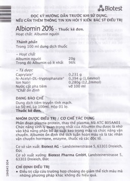Dịch truyền Albiomin 20% Biotest điều trị cấp cứu trường hợp choáng do giảm thể tích máu (50ml)