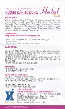 Gel vệ sinh phụ nữ Herbal Nano Vinapharma giúp vệ sinh, khử mùi, bảo vệ vùng kín (105g)