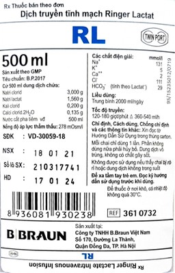 Dung dịch Ringer Lactat Braun truyền tĩnh mạch bù nước và điện giải (500ml)