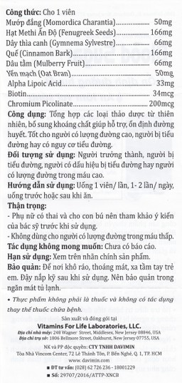 Viên uống Blood Sugar Control Vitamins For Life hỗ trợ ổn định đường huyết (60 viên)