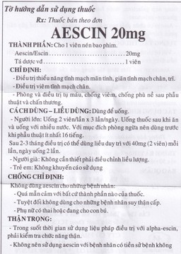 Thuốc Aescin 20mg điều trị thiểu năng tĩnh mạch mãn tính, giãn tĩnh mạch chân, trĩ (3 vỉ x 30 viên)