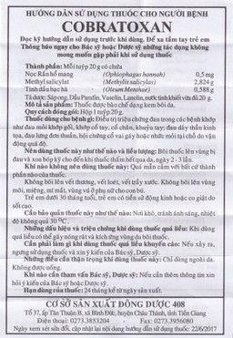 Kem xoa nọc rắn Cobratoxan 20g Đông Dược 408 tác dụng điều trị đau xương khớp (10 tuýp)