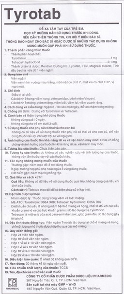Viên ngậm sát trùng Tyrotab Pharmedic điều trị viêm họng, viêm amidan (10 vỉ x 8 viên)