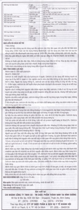 Thuốc Cetirizin 10mg Thành Nam điều trị viêm mũi dị ứng, mày đay (10 vỉ x 10 viên)