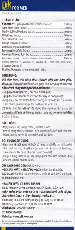 Viên uống Qik Hair For Men Ecogreen giúp giảm rụng tóc, hối đầu ở nam giới (30 viên)