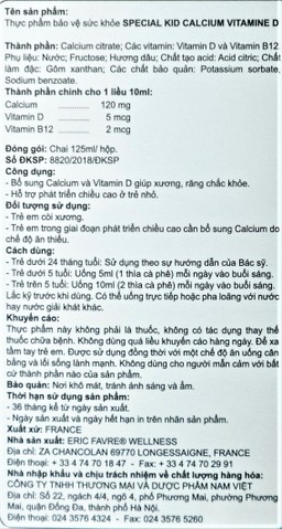 Siro Special Kid Calcium Vitamine D bổ sung Calci và Vitamin D giúp xương, răng chắc khỏe (125ml)