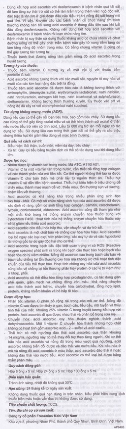 Thuốc tiêm Vitamin C Kabi 500mg/5ml phòng và điều trị bệnh Scorbut (1 vỉ x 6 ống )