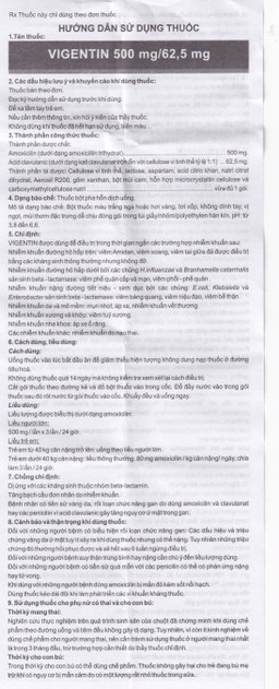 Thuốc bột pha hỗn dịch uống Vigentin 500mg/62,5mg Pharbaco điều trị các chứng nhiễm khuẩn (12 gói x 2g)