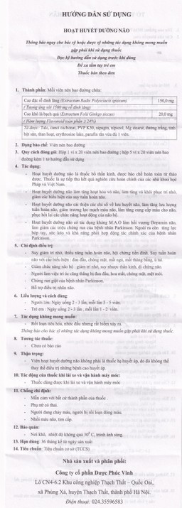 Thuốc Hoạt Huyết Dưỡng Não Phúc Vinh điều trị suy giảm trí nhớ, thiểu năng tuần hoàn não (5 vỉ x 20 viên)