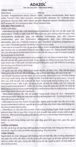 Thuốc Adazol 400mg Dược 3-2 điều trị nhiễm ký sinh trùng đường ruột (1 vỉ x 1 viên)