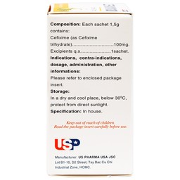Bột pha hỗn dịch uống Cefixim 100 USP điều trị nhiễm khuẩn (10 gói x 1.5g)