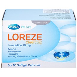Viên nang mềm Loreze 10mg MEGA We care điều trị viêm mũi dị ứng, mày đay (5 vỉ x 10 viên)
