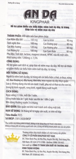 Viên uống An Dạ Kingphar hỗ trợ giảm chứng đau rát vùng thượng vị, xung huyết hang vị (60 viên)