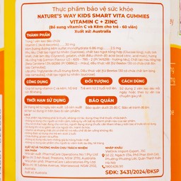 Viên nhai Kids Smart Vita Gummies bổ sung Vitamin C và kẽm giúp tăng cường sức đề kháng (60 viên)