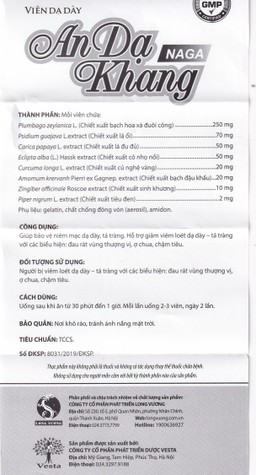 Viên dạ dày An Dạ Khang Naga Vesta giúp bảo vệ niêm mạc dạ dày, tá tràng (3 vỉ x 10 viên)