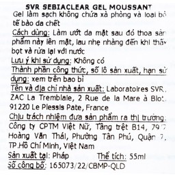 Gel rửa mặt và loại bỏ tế bào chết không chứa xà phòng SVR Sebiaclear Gel Moussant 55ml