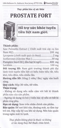Viên uống hỗ trợ sức khỏe tuyến tiền liệt nam giới Prostate Fort Vitamins For Life (30 viên)