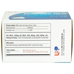 Thuốc Paracetamol 650mg US Pharma giảm đau, hạ sốt, giảm chứng nhức đầu, đau răng (10 vỉ x 10 viên)