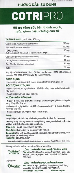 Viên uống Cotripro Thái Minh hỗ trợ tăng sức bền thành mạch, giảm triệu chứng của trĩ (2 vỉ x 10 viên)