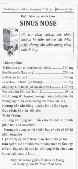 Viên uống Sinus Nose Vitamins For Life hỗ trợ tăng cường sức khỏe đường hô hấp (30 viên)
