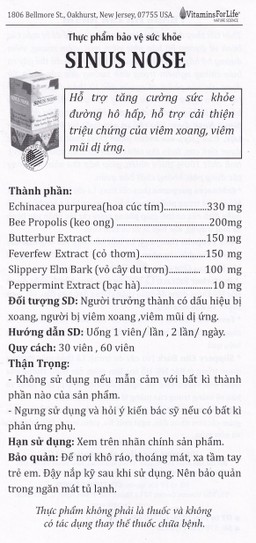 Viên uống Sinus Nose Vitamins For Life hỗ trợ tăng cường sức khỏe đường hô hấp (60 viên)