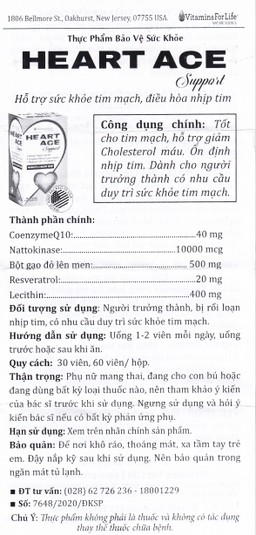 Viên uống hỗ trợ sức khỏe tim mạch, ổn định nhịp tim Heart Ace Support Vitamins For Life (30 viên)