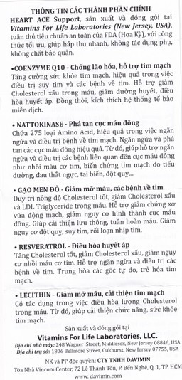 Viên uống hỗ trợ sức khỏe tim mạch, ổn định nhịp tim Heart Ace Support Vitamins For Life (30 viên)