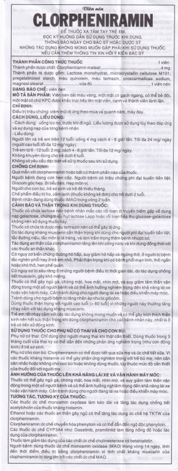 Thuốc Clorpheniramin 4mg Khapharco điều trị triệu chứng viêm mũi dị ứng theo mùa, quanh năm và mày đay (10 vỉ x 20 viên)