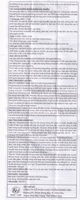 Thuốc Clorpheniramin 4mg Khapharco điều trị triệu chứng viêm mũi dị ứng theo mùa, quanh năm và mày đay (10 vỉ x 20 viên)