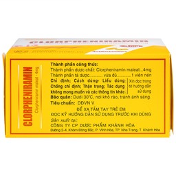 Thuốc Clorpheniramin 4mg Khapharco điều trị triệu chứng viêm mũi dị ứng theo mùa, quanh năm và mày đay (10 vỉ x 20 viên)