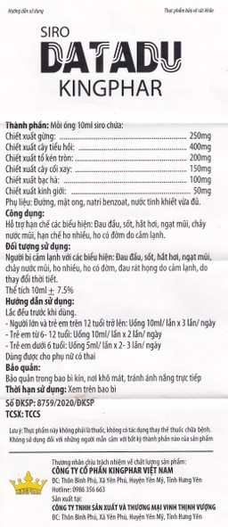 Siro hỗ trợ hạn chế đau đầu sốt ho Datadu Kingphar (4 vỉ x 5 ống x 10ml)