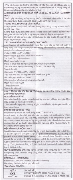 Thuốc Acetylcystein 200mg Khapharco tiêu nhầy trong bệnh viêm phế quản, bệnh nhầy nhớt (190 viên)