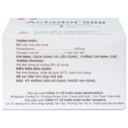 Thuốc Actadol 500 Medipharco điều trị các chứng đau và sốt từ nhẹ đến vừa (10 vỉ x 10 viên)