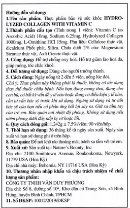 Thực phẩm bảo vệ sức khỏe Hydrolyzed Collagen With Vitamin C hỗ trợ chống oxy hoá (90 viên)