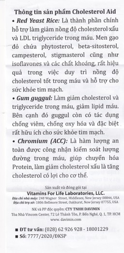 Viên uống hỗ trợ giảm cholesterol Cholesterol Aid Vitamins For Life (60 viên)