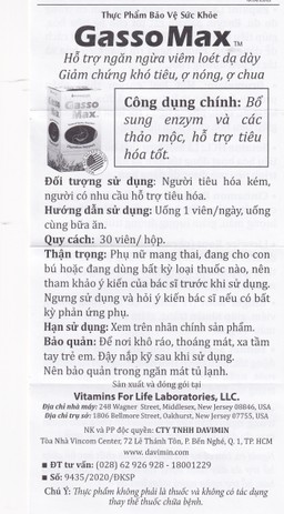 Viên uống bổ sung enzyme và các thảo mộc hỗ trợ tiêu hóa tốt Gasso Max Vitamins For Life (30 viên)