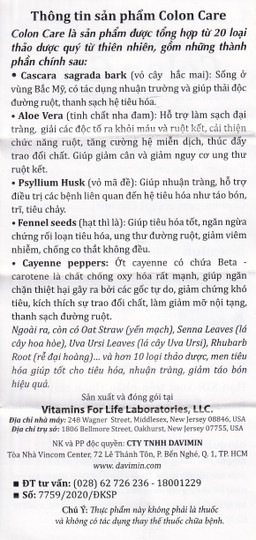 Viên uống Colon Care Vitamins For Life giúp nhuận tràng, giảm táo bón (60 viên)