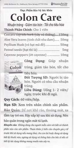 Viên uống Colon Care Vitamins For Life giúp nhuận tràng, giảm táo bón (60 viên)