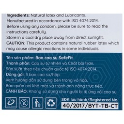 Bao cao su Safefit Comfortable S52 không mùi khó chịu, độ bền cao, khả năng co giãn tốt, chất bôi trơn (3 cái)