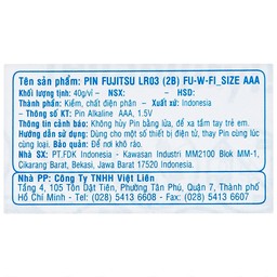 Pin Fujitsu Alkaline LR03 (2B) AAA FU-W-FI (vỉ 2 viên) dùng cho các thiết bị điện tử