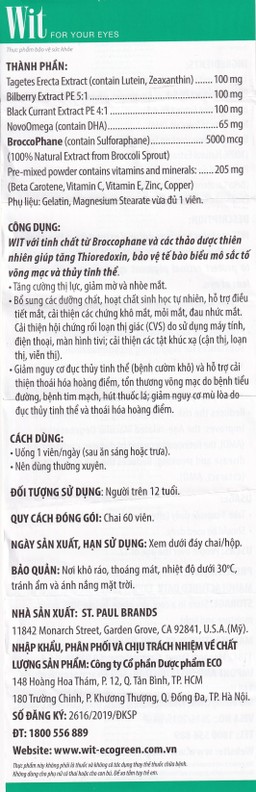 Viên nang WIT For Your Eyes Ecogreen tăng cường thị lực, giảm mờ và nhòe mắt (60 viên)