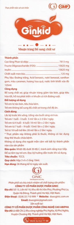 Siro Ginkid GINIC nhuận tràng, bổ sung chất xơ (3 vỉ x 5 ống x 10ml)