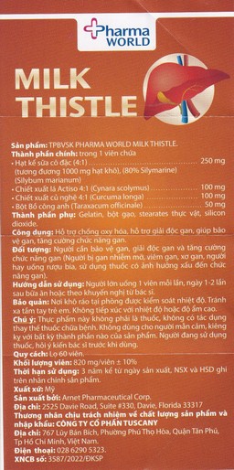 Viên uống Milk Thistle Pharma World hỗ trợ chống oxy hóa, giải độc gan (60 viên)