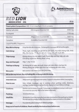 Dầu gió lăn Red Lion Medicated Oil White Agimexpharm hương Lavender & Eucalyptus giúp giảm đau, ngừa côn trùng (10ml)